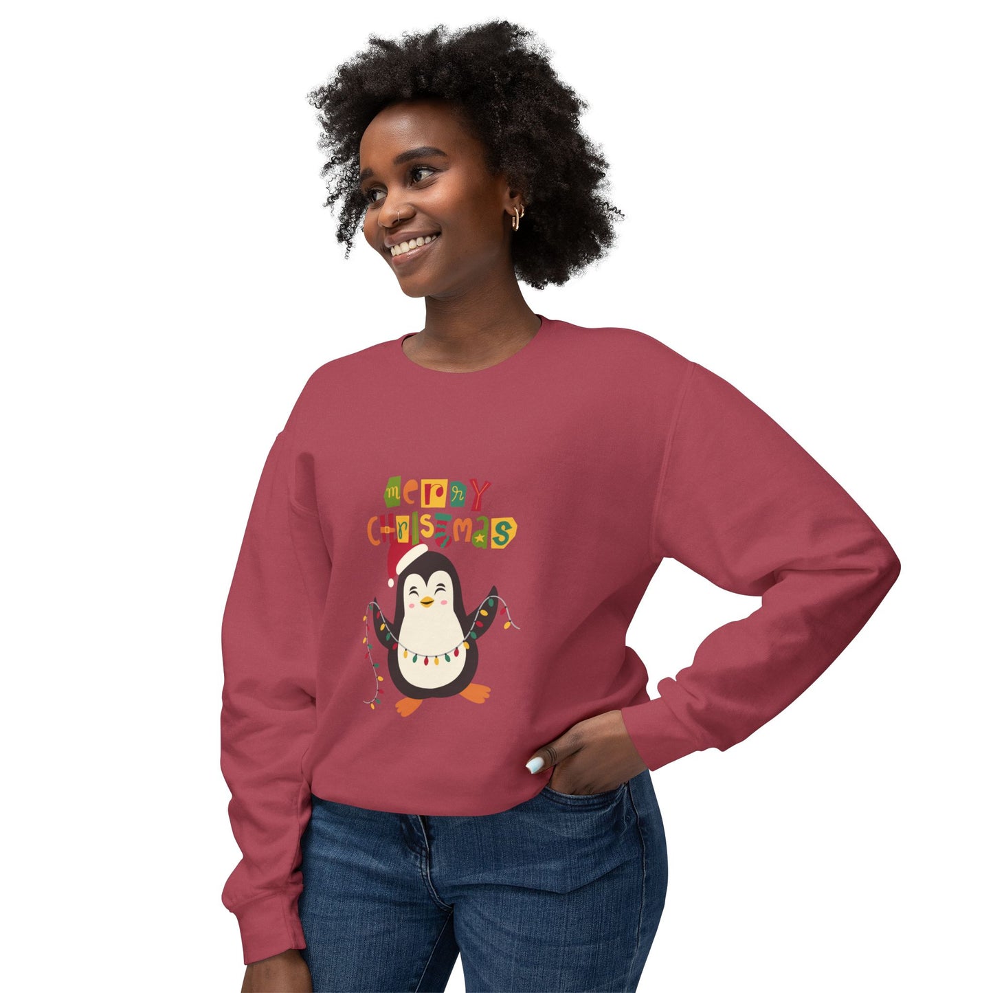 " Happy Pingouin" Christmas Unisex Lightweight Crewneck Sweatshirt