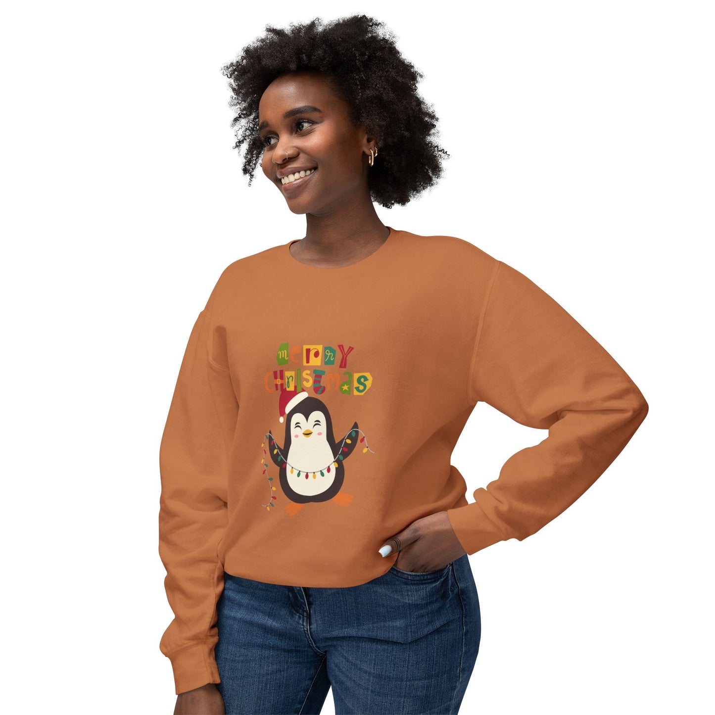 " Happy Pingouin" Christmas Unisex Lightweight Crewneck Sweatshirt