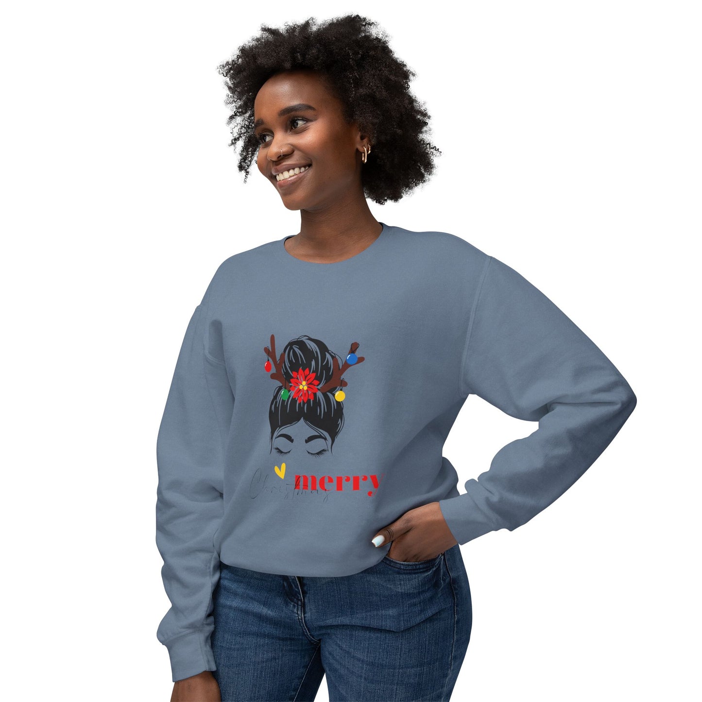 "Lady Reindeer, Christmas" Unisex Lightweight Crewneck Sweatshirt