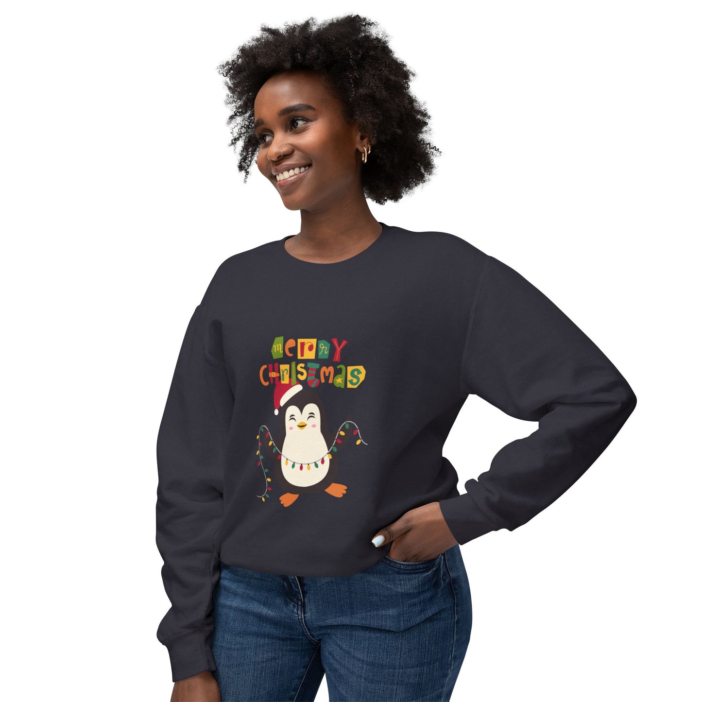 " Happy Pingouin" Christmas Unisex Lightweight Crewneck Sweatshirt