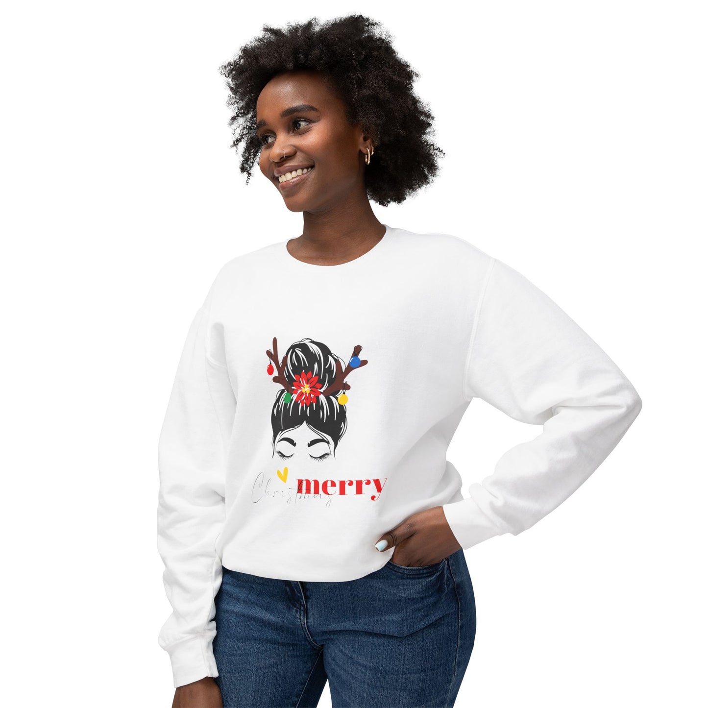 "Lady Reindeer, Christmas" Unisex Lightweight Crewneck Sweatshirt