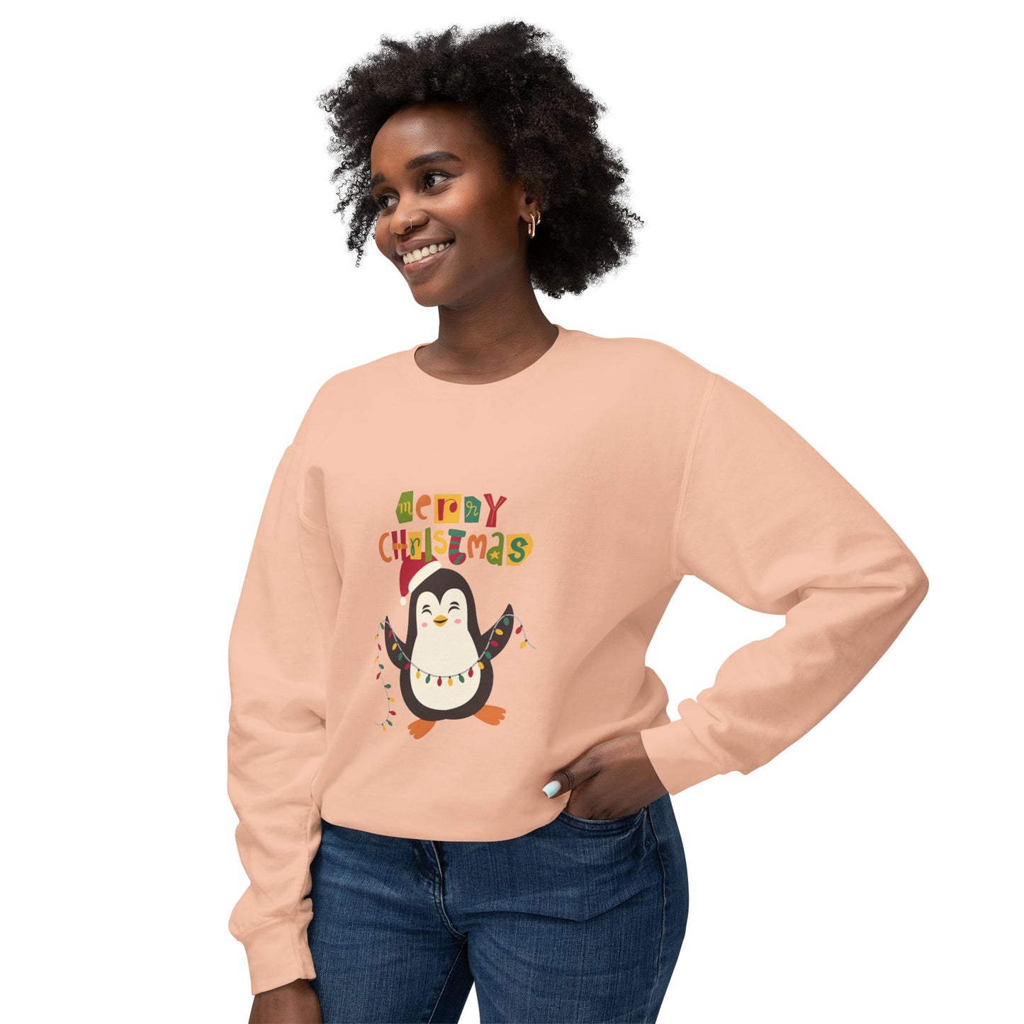 " Happy Pingouin" Christmas Unisex Lightweight Crewneck Sweatshirt