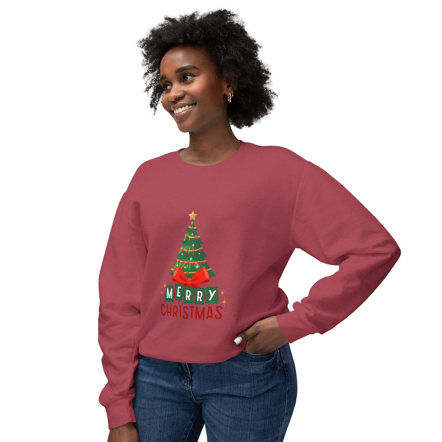 "Tree Merry Christmas" Christmas Unisex Lightweight Crewneck Sweatshirt